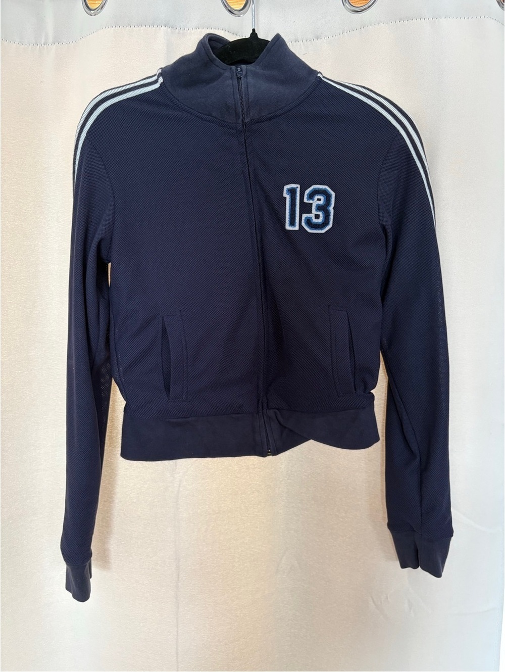 Lucky Brand Women's Navy Full Zip Track Jacket 13 Patch Stripe Sleeves Size S